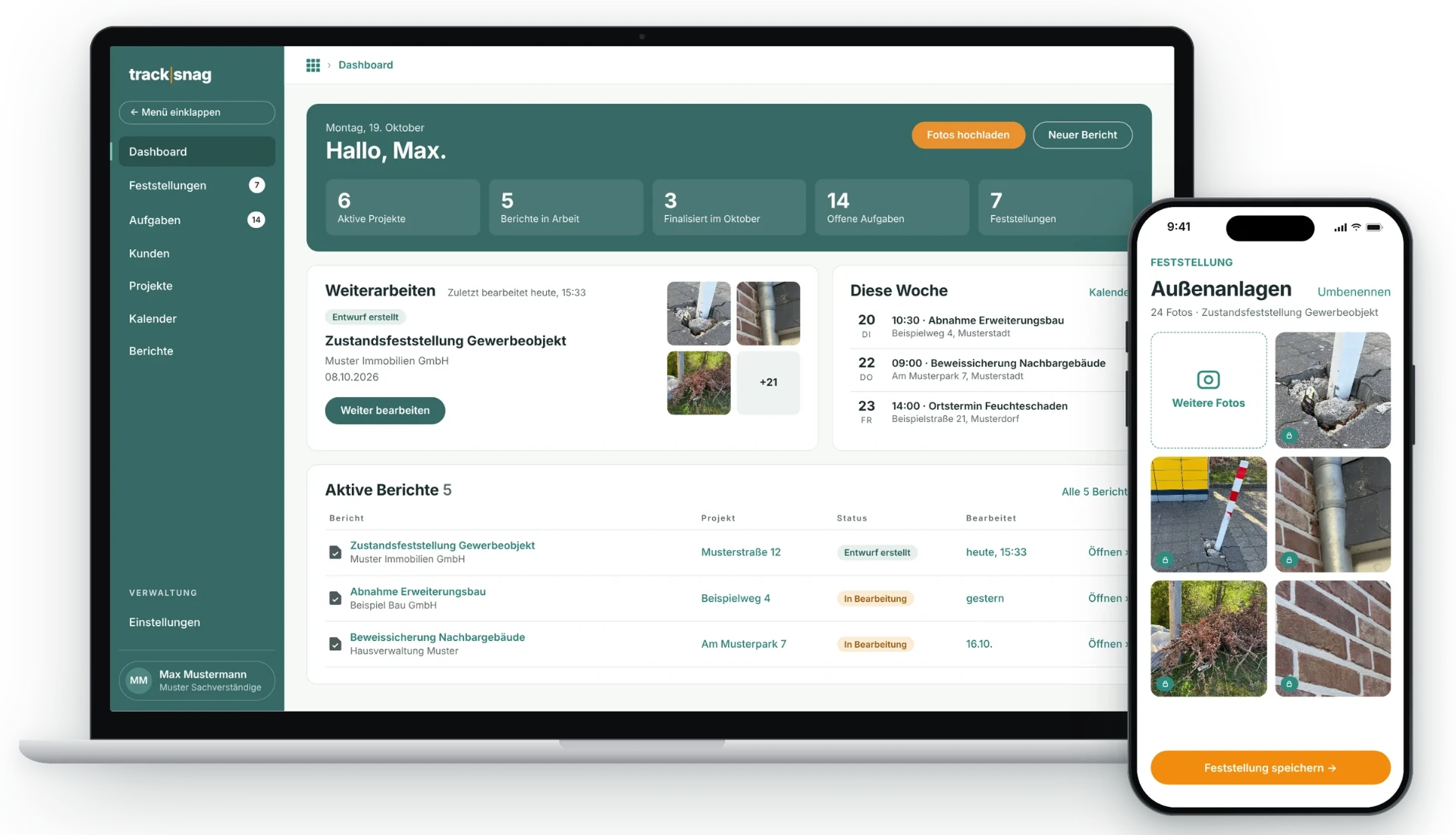 TrackSnag auf Laptop und Smartphone: Dashboard und Foto-Feststellung
